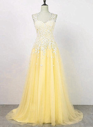 Yellow Tulle with Applique Long Party Dress, Charming Junior Prom Dress HZ1023